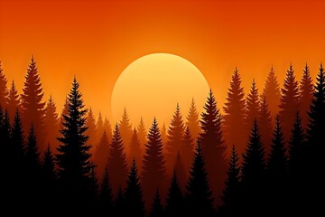 Fiery Sunset/Sunrise over Pine Forest Silhouette
