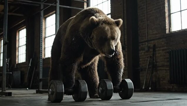 A large brown bear walking with dumbbells in a dimly lit gym with brick walls and large windows, conveying a strong and intense mood.