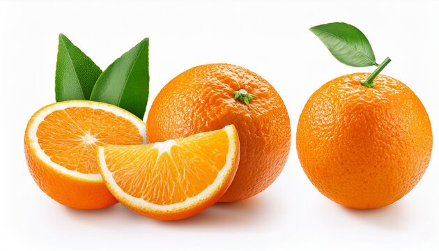 Set Of Whole And Sliced Oranges With Leaves