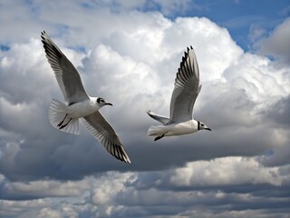 Obraz premium Pair of Bonaparte’s Gulls Flying in Realistic Cloud Sky