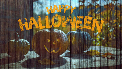 A vintage wallpaper with autumn pumpkin leaf on Wood Texture background with a message "Happy Halloween"