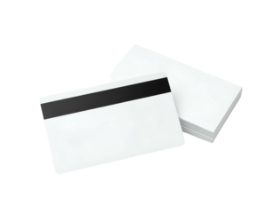 A stack of white rectangular cards with one displayed in front, showing a black magnetic strip