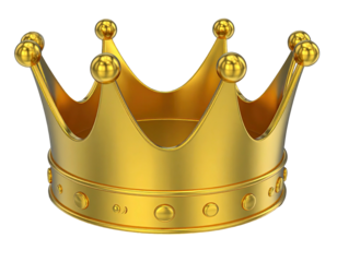 A gleaming golden crown with ornamental spheres and a curved design, isolated on black
