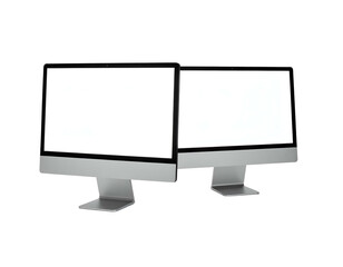 Two sleek, modern computer monitors with blank white screens, isolated on black