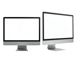 Two modern desktop computers with blank white screens, set against a black background
