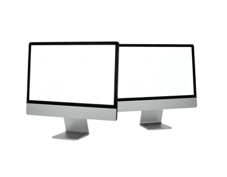 Two sleek, modern computer monitors with blank white screens, isolated on black