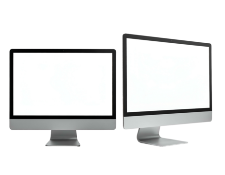 Two modern desktop computers with blank white screens, set against a black background