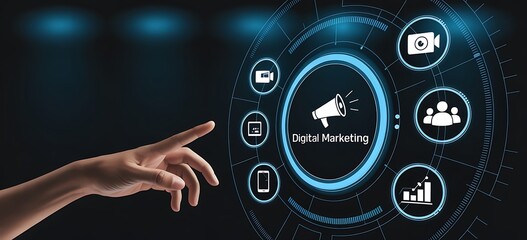 Obraz premium Digital marketing concept image hand interaction with business growth icons technology interface