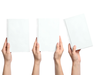 Three sets of hands holding white-covered books against a transparent background