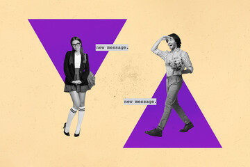 Obraz premium Poster trend collage of people ate walk stand in triangle shape chat new message on yellow background