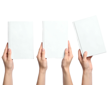 Three sets of hands holding white-covered books against a transparent background