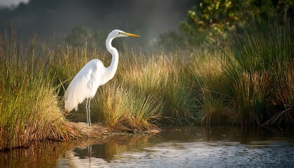 Fototapeta premium Great Egret Standing At Edge Of Marsh