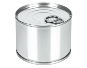 A silver canned food item, featuring a pull-tab opening on a clean white background