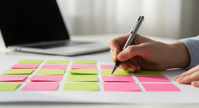 Person planning with sticky notes and laptop in a bright workspace