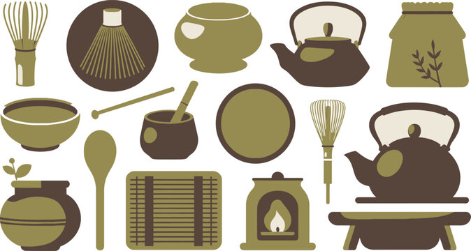 Minimalist Illustration of Tea Ceremony Preparation Tools and Implements in Earthy Tones and Organic Shapes