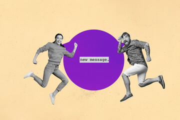 Image poster collage of people run sit near speech bubble new message on yellow background