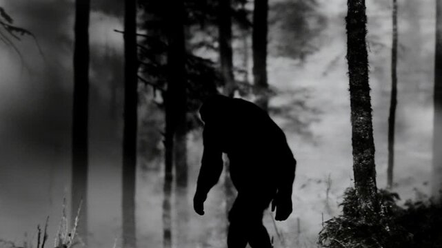 Bigfoot creature walking in a misty forest
