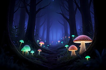 Enchanted Forest with Bioluminescent Mushrooms at Night