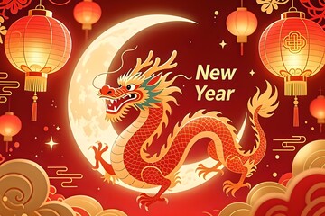 Chinese New Year Dragon on Crescent Moon