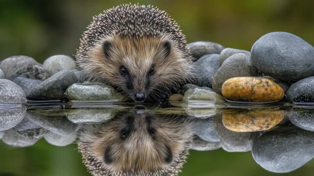 A hedgehog peers over stones at its reflection in still water. The scene is sharply detailed