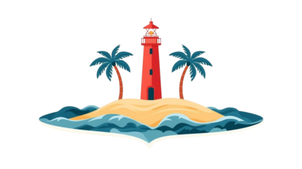 Idyllic Tropical Island Scene with Red Lighthouse Surrounded by Ocean Waves and Palm Trees