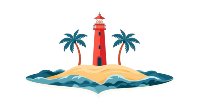 Idyllic Tropical Island Scene with Red Lighthouse Surrounded by Ocean Waves and Palm Trees