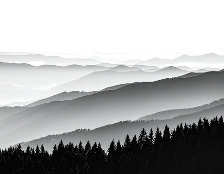 Monochromatic landscape featuring layered mountain ranges and a forest silhouette