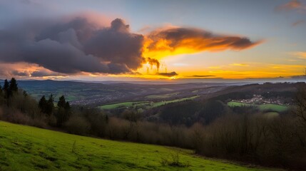 Fototapeta premium peace. A breathtaking sunset sky panorama with vibrant warm hues and glowing clouds. inspiring travel planning, travel magazines, designed for travel destination branding, inspires travel planning.