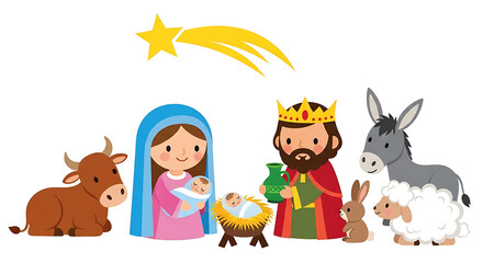 A charming cartoon nativity scene with baby jesus, mary, joseph, animals, and a star