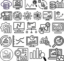Data Analytics icon collection. Minimalist icons pack. Containing analytics, research, analysis, data, computing, statistics, management. Editable stroke collections. Analysis icon set.