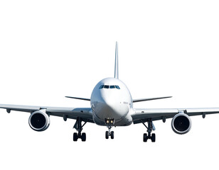 Obraz premium Large, white passenger jet, seen head-on, with landing gear deployed against a black background