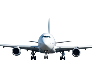 Large, white passenger jet, seen head-on, with landing gear deployed against a black background