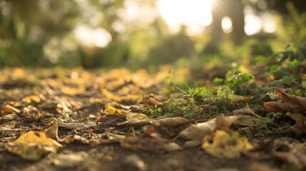 Obraz premium vegetation. Autumn garden bathed in warm sunlight with scattered golden leaves and peaceful ambiance. representing seasonal cycles and harvest abundance.