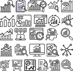 Data Analytics icon collection. Minimalist icons pack. Containing analytics, research, analysis, data, computing, statistics, management. Editable stroke collections. Analysis icon set.