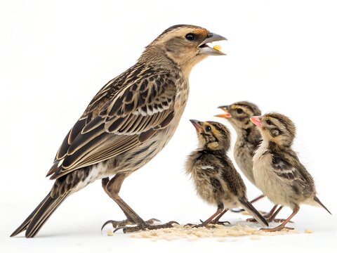 Bobolink Mother With 3&ndash;4 Chicks Isolated on White Background