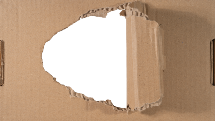 Greeting card, festive abstract texture postcard template frame, cut out - torn paper, kraft paper cardboard box hole with curled rolled edges, isolated on empty transparent background png