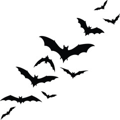 Silhouette bat flock ascending in a dramatic diagonal formation for spooky ambiance isolated on transparent background