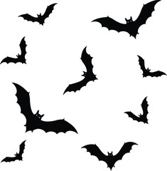 Spooky silhouette bats flying in a cluster for halloween decorations and themed party designs isolated on transparent background
