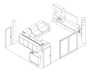 A minimalist contour drawing of a living room interior features a central couch flanked by a table and flower vase. Other decorative objects add color and texture to the clean line art scene.