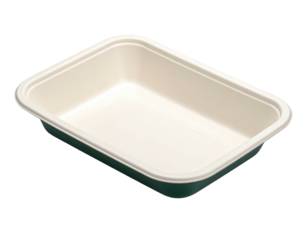 An angled studio shot of a rectangular, open, food container with two-tone coloring