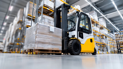 Forklift parked near shrink-wrapped pallet, modern warehouse interior with bright LED lighting and polished concrete floor, with copy space.