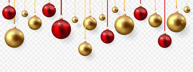 Red and gold christmas balls with shadow isolated on transparent background	