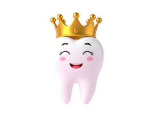 A cartoon tooth, wearing a golden crown, smiling with closed eyes, on a black background