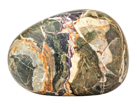 Oval-shaped polished stone with multicolored patterns and natural cracks against a black background