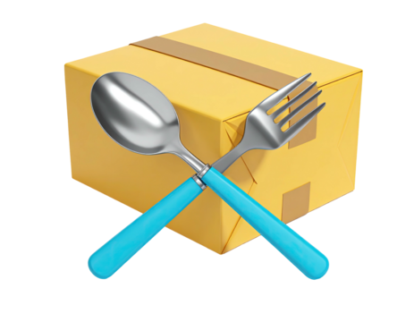 A 3D rendering of a cardboard box with a crossed fork and spoon, representing food delivery