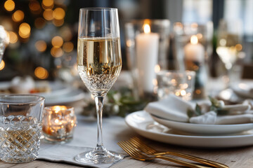 elegant New Year dinner table with candles, champagne, golden cutlery, festive ambience,