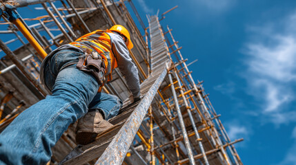 A construction worker in a safety vest and hard hat climbs a ladder on extensive building site scaffolding. Ascending towards the clear blue sky, demonstrating diligent progress.