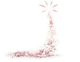 A stylized red, radiant star with a sparkling trail ascending from a curved path