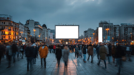 Obraz premium Busy city street scene at dusk with a blurred crowd of people walking past prominent blank billboards. Ideal copy space for advertising or promotion.