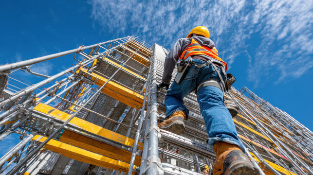 A construction worker wearing a hard hat and safety vest climbs tall scaffolding against a bright blue sky, showcasing diligence and safety at a building site.